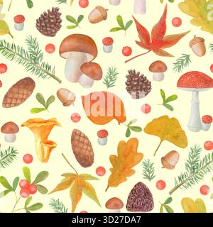 Modèle d'automne sans couture avec champignons, branches de pin, épicéa, baies d'automne, cônes. Aquarelle illustration botanique dessinée à la main sur fond vert Banque D'Images
