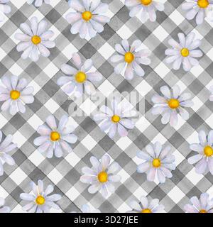 Fleurs de marguerites à l'aquarelle. Motif sans couture à rayures grises et blanches florales. Fond d'illustration botanique d'été dessiné à l'aquarelle à la main. Imprimer pour t Banque D'Images