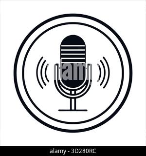 Microphone vintage avec ondes sonores en cercle – vecteur d'icône noir pour Podcast et Broadcast Design Illustration de Vecteur