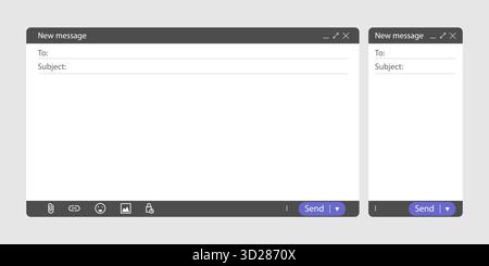 Maquette d'écran de messagerie électronique d'ordinateur et de smartphone. Fenêtre de message d'interface utilisateur vide avec champ de texte vide et bouton d'envoi. Concept de mise en page de toile plate pour bureau en ligne Illustration de Vecteur