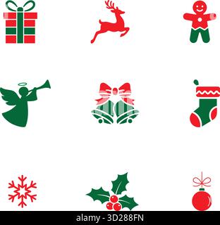 Ensemble d'icônes de vacances de Noël avec renne, cadeau, cloches, homme en pain d'épice et vecteur Holly Berry Illustration de Vecteur