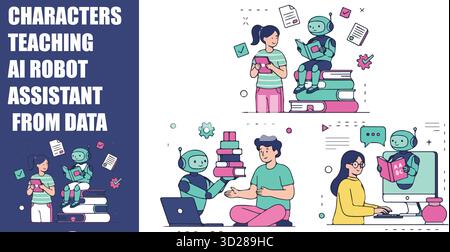 Icônes Doodle de formation AI et machine Learning. Concept de réseau neuronal, d'éducation des données et d'assistant robot dans le style esquisse. Illustration de Vecteur