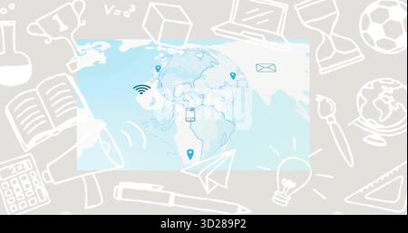 Affichage de la carte du monde bleu clair centrale sur fond beige, avec doodle et icônes de connectivité Banque D'Images