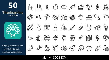Ensemble d'icônes de Thanksgiving dans le style Outline Minimilist et ensemble d'icônes à la mode Illustration de Vecteur