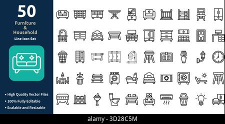 Icône de meubles et de ménage définie dans le style Outline Illustration de Vecteur