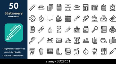 Icône de papeterie définie dans le style contour Minimilist et ensemble d'icônes à la mode Illustration de Vecteur