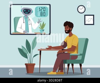 Homme à la peau foncée vérifiant la pression artérielle à la maison lors d'une consultation de télémédecine en ligne avec un robot médecin virtuel sur un écran d'ordinateur, symbolizin Illustration de Vecteur