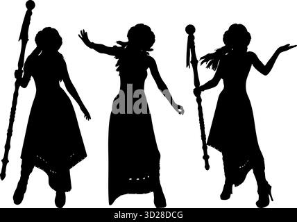 Silhouette d'une mystérieuse sorcière tenant un bâton magique avec une pose confiante. La figure féminine se tient gracieusement, exsudant le pouvoir, le mystère, et f Illustration de Vecteur