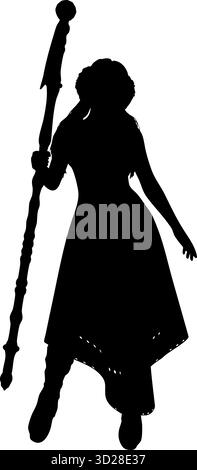Silhouette d'une mystérieuse sorcière tenant un bâton magique avec une pose confiante. La figure féminine se tient gracieusement, exsudant le pouvoir, le mystère, et f Illustration de Vecteur