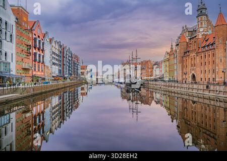 Front de mer historique au lever du soleil, Gdańsk, Pologne – réflexion sur la rivière Motława Banque D'Images