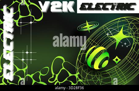 Fond abstrait néon Y2K avec des sphères d'étoiles et des gradients fluides dans un style de bande dessinée isométrique Illustration de Vecteur