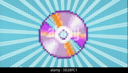 Disque compact Pixel art sur fond pop art sarcelle demi-teinte, rayonnant des faisceaux blancs vers l'extérieur Banque D'Images