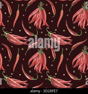 Un motif sans couture avec des piments rouges et des grains de poivre sur un fond Bordeaux foncé. L'illustration d'aquarelle dessinée à la main est inspirée par Banque D'Images