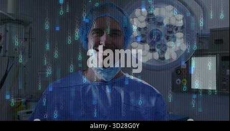 Chirurgien debout tirant le masque vers le bas dans les gommages bleus sous la lampe chirurgicale dans OU, avec superposition binaire Banque D'Images