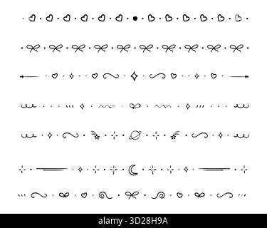 Séparateur de ligne, séparateur d'éléments dessinés à la main à bordure mignonne. Cadres de doodle géométriques avec des arcs, des coeurs, la lune. Étoiles et formes géométriques. Décoration horizontale en dentelle. Illustration vectorielle Illustration de Vecteur
