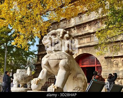 Pékin, Chine. 31 octobre 2025. Cette photo prise par un téléphone portable le 31 octobre 2025 montre des touristes visitant le temple de Wuta (cinq pagodes) à Pékin, capitale de la Chine. Crédit : Xu Jinquan/Xinhua/Alamy Live News Banque D'Images