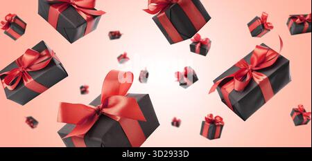 Boîtes cadeaux volant dans l'air sur fond dégradé de couleur corail Banque D'Images
