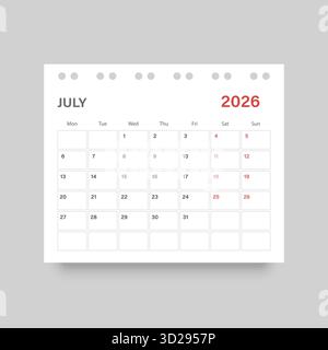 Calendrier juillet 2026 icône dans un style plat. Illustration vectorielle de planificateur sur fond isolé. Concept commercial de signe de calendrier. Illustration de Vecteur