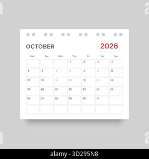 Calendrier octobre 2026 icône dans un style plat. Illustration vectorielle de planificateur sur fond isolé. Concept commercial de signe de calendrier. Illustration de Vecteur