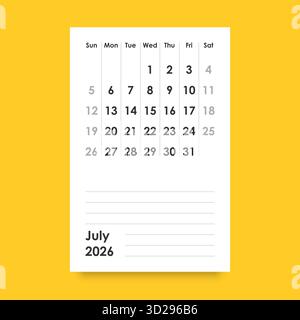Calendrier juillet 2026 icône dans un style plat. Illustration vectorielle de planificateur sur fond isolé. Concept commercial de signe de calendrier. Illustration de Vecteur