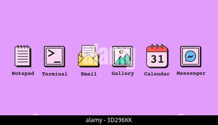 Icônes d'application rétro définies avec bloc-notes, terminal, e-mail, galerie, calendrier, et des symboles de messager. Illustration vectorielle minimale isolée sur fond blanc. Illustration de Vecteur