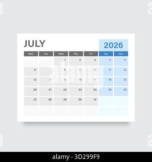 Calendrier juillet 2026 icône dans un style plat. Illustration vectorielle de planificateur sur fond isolé. Concept commercial de signe de calendrier. Illustration de Vecteur