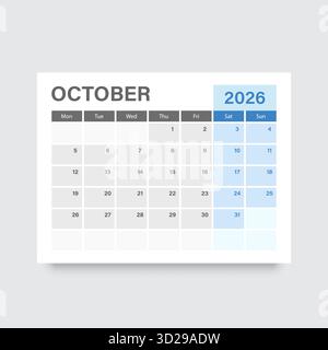 Calendrier octobre 2026 icône dans un style plat. Illustration vectorielle de planificateur sur fond isolé. Concept commercial de signe de calendrier. Illustration de Vecteur