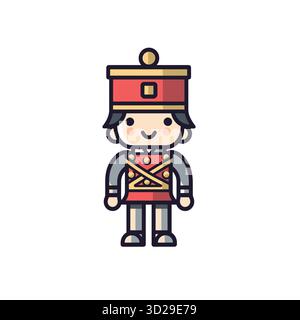 Mignon soldat jouet se tient dans un uniforme rouge avec des sangles d'or entrecroisées et des cheveux noirs Illustration de Vecteur