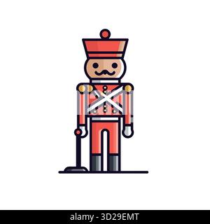 Soldat jouet vêtu de rouge avec des bretelles blanches croisées et une moustache noire se tient debout Illustration de Vecteur