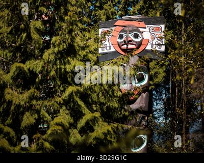 Neuf totems des Premières Nations exposés à l'intérieur du parc Stanley, Vancouver, Colombie-Britannique, Canada. Banque D'Images