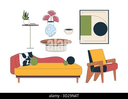 Salon confortable avec mobilier éclectique moderne 2D objets de dessin animé Illustration de Vecteur