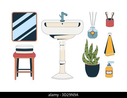 Décor de salle de bains et articles de toilette ensemble d'objets de dessin animé 2D. Illustration de Vecteur