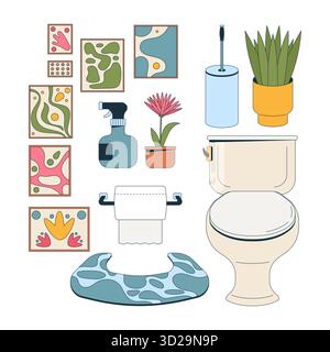 Ensemble d'objets de dessin animé 2D décor de toilette éclectique confortable Illustration de Vecteur