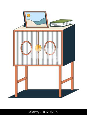 Table de nuit en bois élégante avec cadre photo et livre objet de dessin animé 2D. Illustration de Vecteur