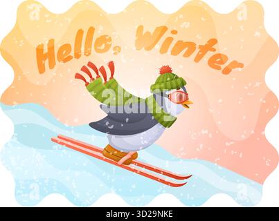 carte de voeux hivernale fantaisiste avec pingouin mignon. descente. Texte Hello Winter. Illustration de Vecteur