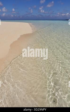 Une plage tropicale de sable blanc baignée par les eaux aigue-marine calmes d'un lagon, abritée par un récif de corail ; dans les Maldives, océan Indien. Banque D'Images