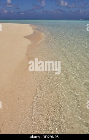 Une plage tropicale de sable blanc baignée par les eaux aigue-marine calmes d'un lagon, abritée par un récif de corail ; dans les Maldives, océan Indien. Banque D'Images