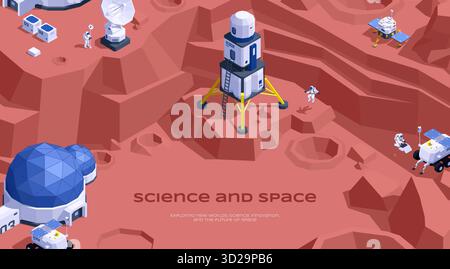Base spatiale isométrique avec astronautes sur le terrain de la planète rouge rocheuse Illustration de Vecteur