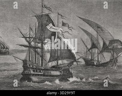 Les trois navires de Colomb : la caravelle Niña, la caravelle Pinta, et la charrette Santa María. Gravure, copie d'un original de Roze. Amérique. Histoire de sa découverte des temps primitifs à l'époque moderne, écrit par Rodolfo Cronau. Volume I. publié à Barcelone, 1892. Banque D'Images