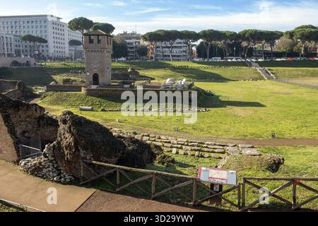 Vue de l'emplacement depuis les ruines au premier plan d'anciens stands autour du virage sud de sur Circus Maximus lieu de courses de chars, dans le moyen médiéval t Banque D'Images