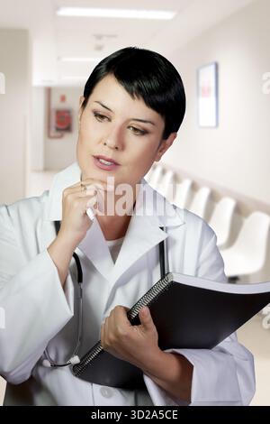 Médecin brune attentionné en service dans le hall de l'hôpital des urgences Banque D'Images