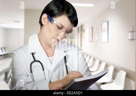Médecin femme brune réfléchie en service au lobby des urgences prenant des notes, femme de carrière Banque D'Images