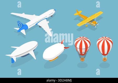 Ensemble plat isométrique 3D de dirigeables , Collection d'aviation Vintage ensemble plat isométrique 3D de dirigeables , Collection d'aviation Vintage Banque D'Images