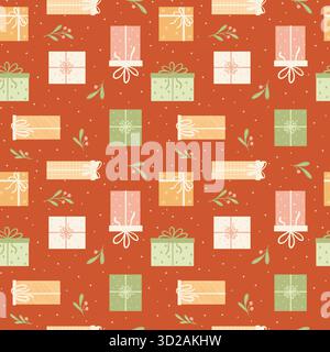 Noël présente Seamless Vector Pattern les cadeaux colorés du nouvel an se répètent sur le rouge rouillé. Illustration vectorielle Illustration de Vecteur