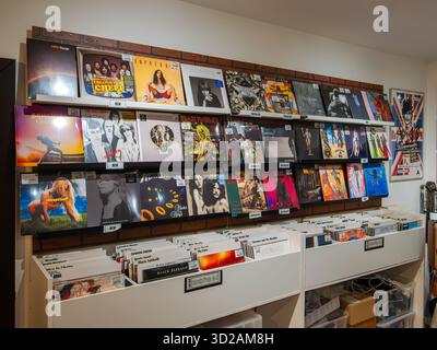 Bratislava, Slovaquie - 21 octobre 2025 : une exposition murale de disques vinyles dans un magasin de musique, présentant diverses couvertures d'album. Banque D'Images