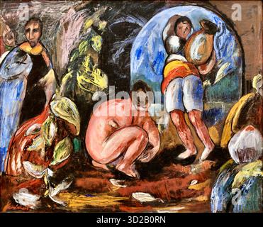 Jens Adolf Jerichau - Susanna et les anciens - 1916 - Jens Adolf Jerichau (1890-1916) était un peintre danois connu pour ses œuvres expressives et symboliques. La peinture représente l'histoire biblique de Susanna et les anciens du Livre de Daniel. L'histoire raconte l'histoire de Susanna, une femme vertueuse, qui est espionnée par deux aînés tout en se baignant. Le travail de Jérichau se caractérise par ses couleurs vives et un style qui a été noté pour avoir inspiré des artistes ultérieurs. Banque D'Images