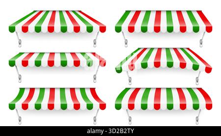 Achetez le pare-soleil avec support en métal. Auvent de café rayé réaliste. Tente de marché extérieure. Auvent de toit aux couleurs du drapeau italien. Magasin de rue d'été. Vecteur Illustration de Vecteur