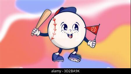 Personnage de baseball en roller portant une casquette, tenant une batte et agitant un fanion rouge dans un tourbillon pastel Banque D'Images