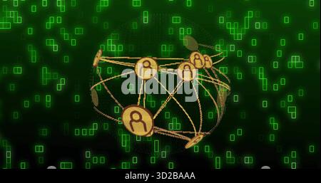 Affichage stylisé de la sphère de réseau planant dans l'espace virtuel, avec des icônes dorées et des lignes brillantes Banque D'Images