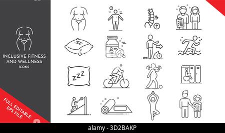 Icônes inclusives de fitness et de bien-être. Design d'art au trait pour la santé, l'exercice, la positivité corporelle, les modes de vie actifs et les habitudes saines. Illustration de Vecteur